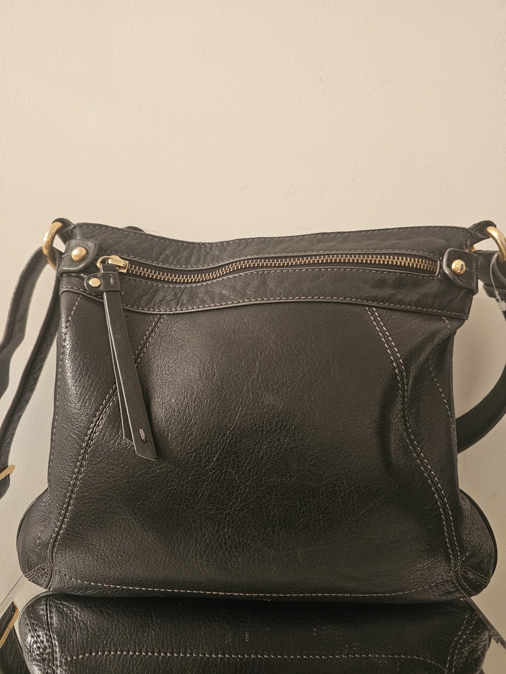Liz Claiborne Black Leather Shoulder Bag with Gold Hardware